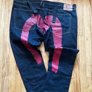 Evisu Red Brushstroke Daicock Denim Jeans Sz 42w